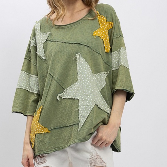 Bluevelvet Olive Green Raw Detail Star Patch Loose Fit Short Sleeve Top - Picture 4 of 10